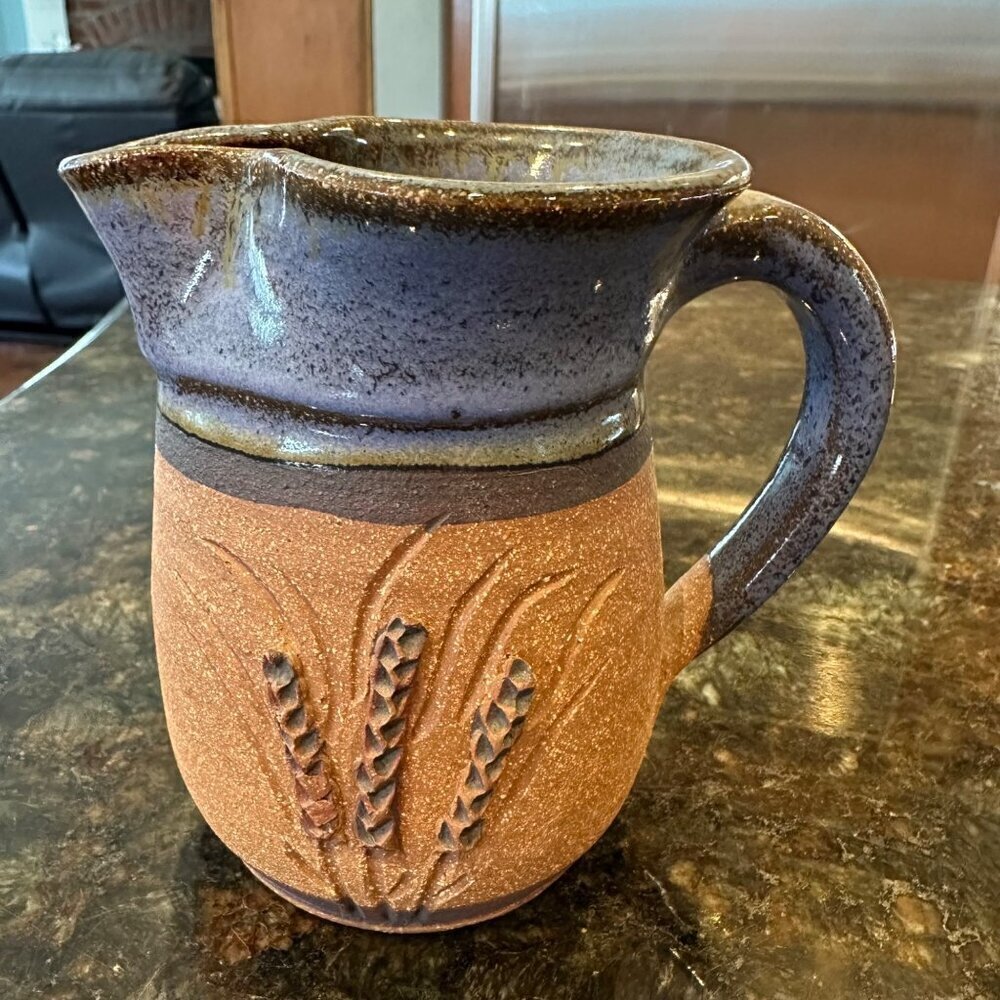 Vintage Hand Thrown Pottery Pitcher Creamer Vase Wheat Blue Drip Glaze Signed